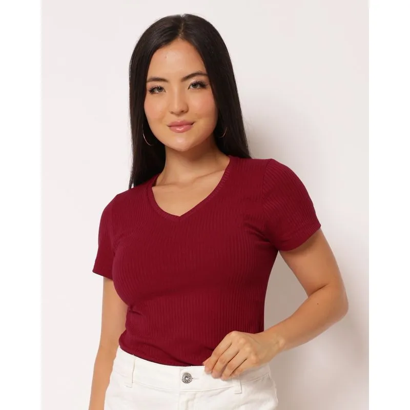 Blusa Feminina Algodão Texturizado Decote V Vinho GG