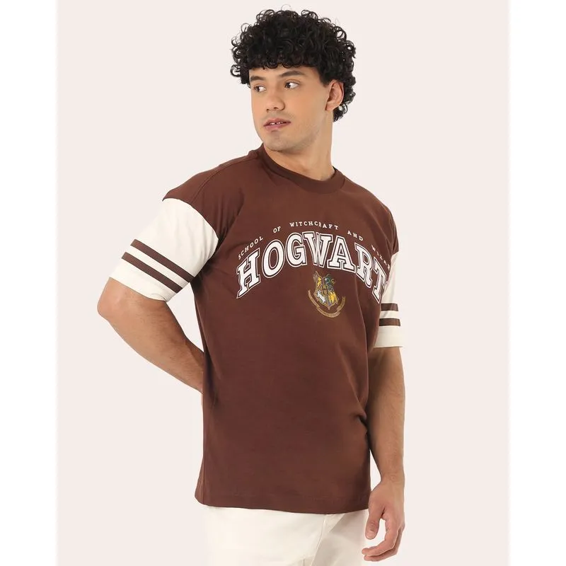 Camiseta Masculina Harry Potter Hogwarts Oversized Marrom G