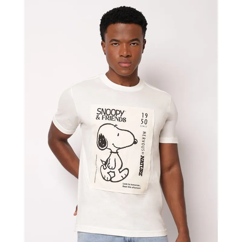 Camiseta Masculina Algodão Estampa Peanuts Snoopy Off White P