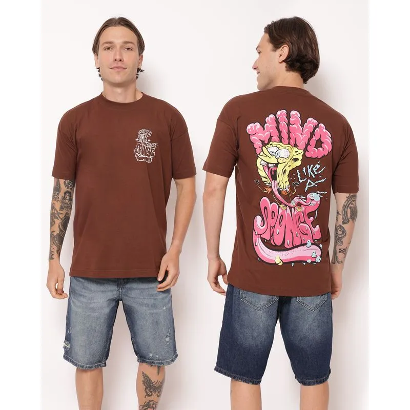 Camiseta Masculina Algodão Estampada Bob Esponja Marrom G