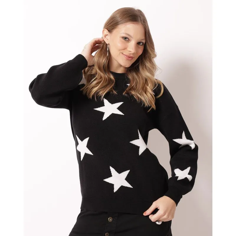 Suéter Feminino Tricô Estampado Estrelas Preto P