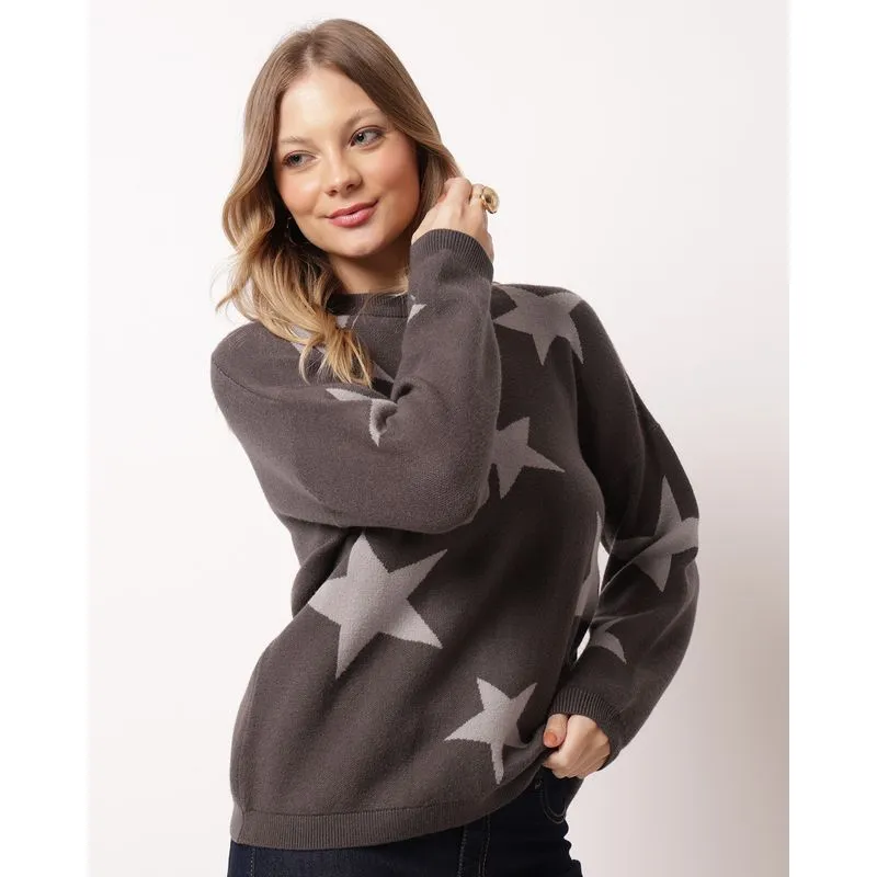 Suéter Feminino Tricô Estampado Estrelas Cinza M