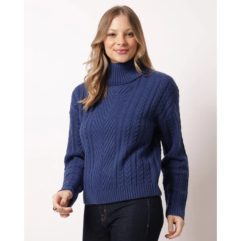 Suéter Feminino Tricô Gola Alta Texturizado Marinho G