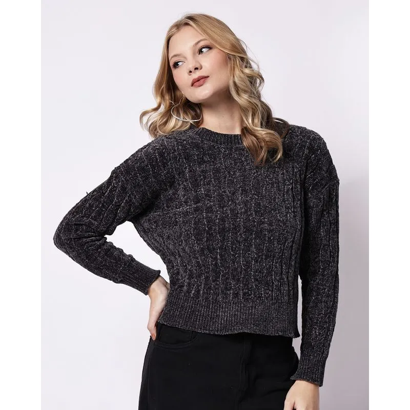 Suéter Feminino Tricô Chenile Texturizado Cinza G