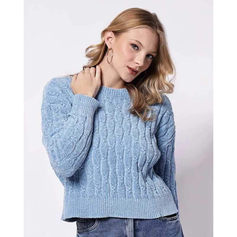 Suéter Feminino Tricô Chenile Texturizado Azul GG