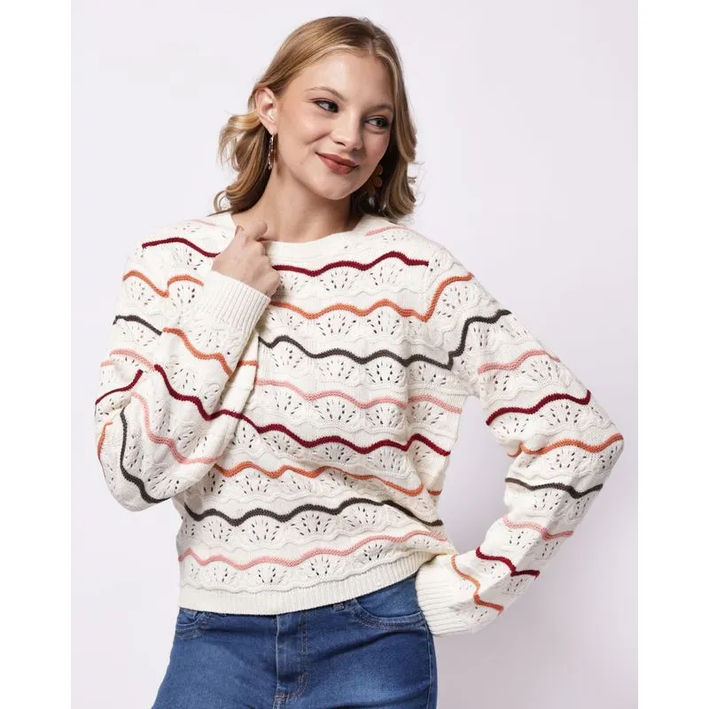 Suéter Feminino Tricô Maquinetado Listrado Colorido Off White P