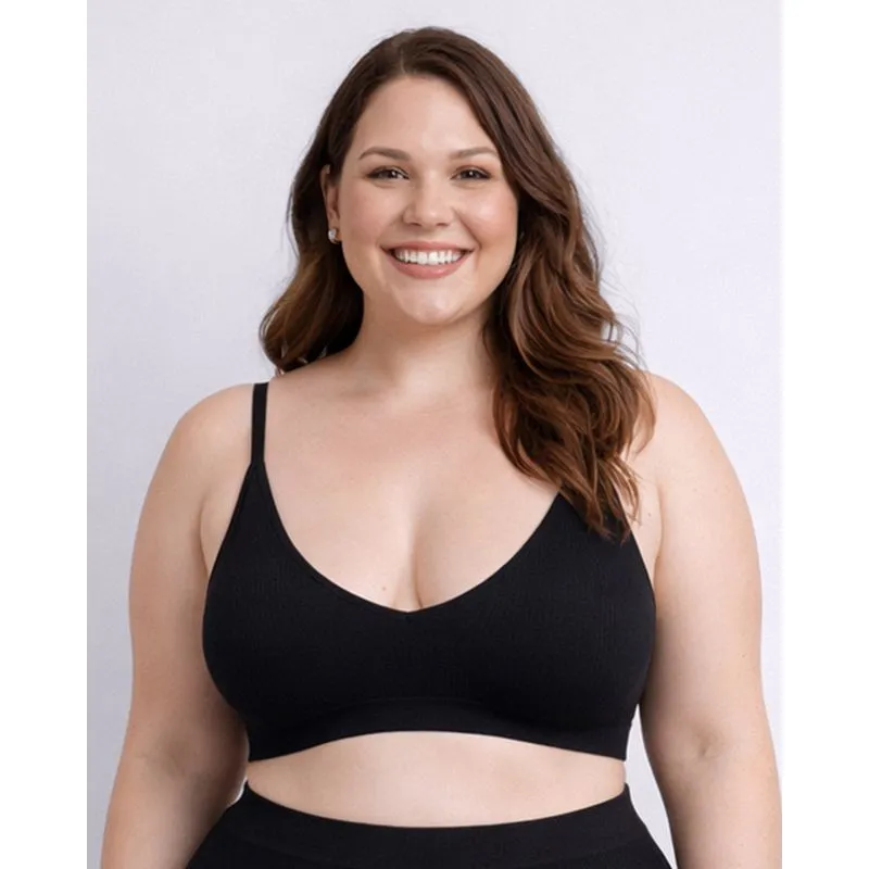 Sutiã Top Plus Size Feminino Canelado com Bojo Removível Preto 48
