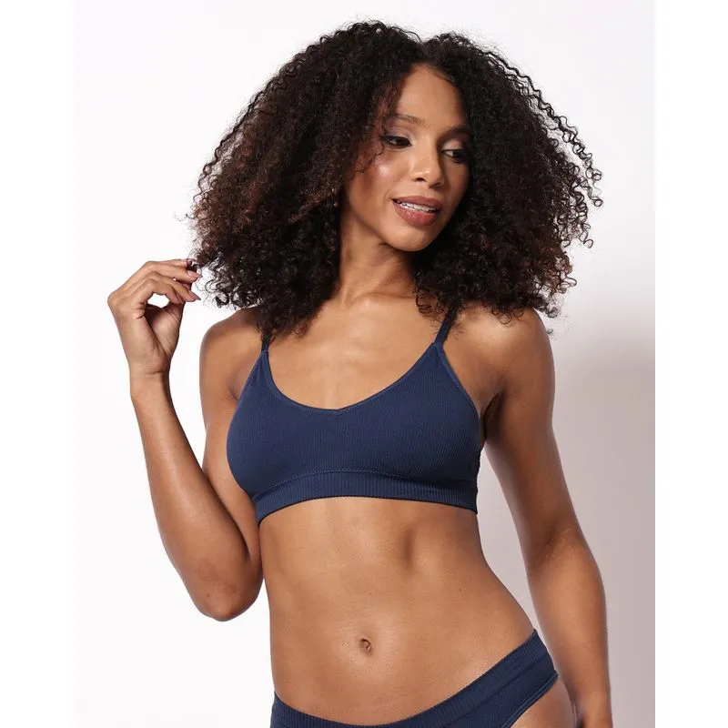 Sutiã Top Feminino Canelado com Bojo Removível Marinho M