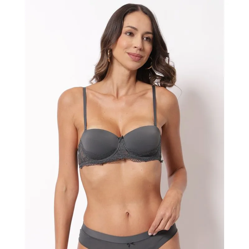 Sutiã Feminino com Bojo e Renda Cinza Escuro 44