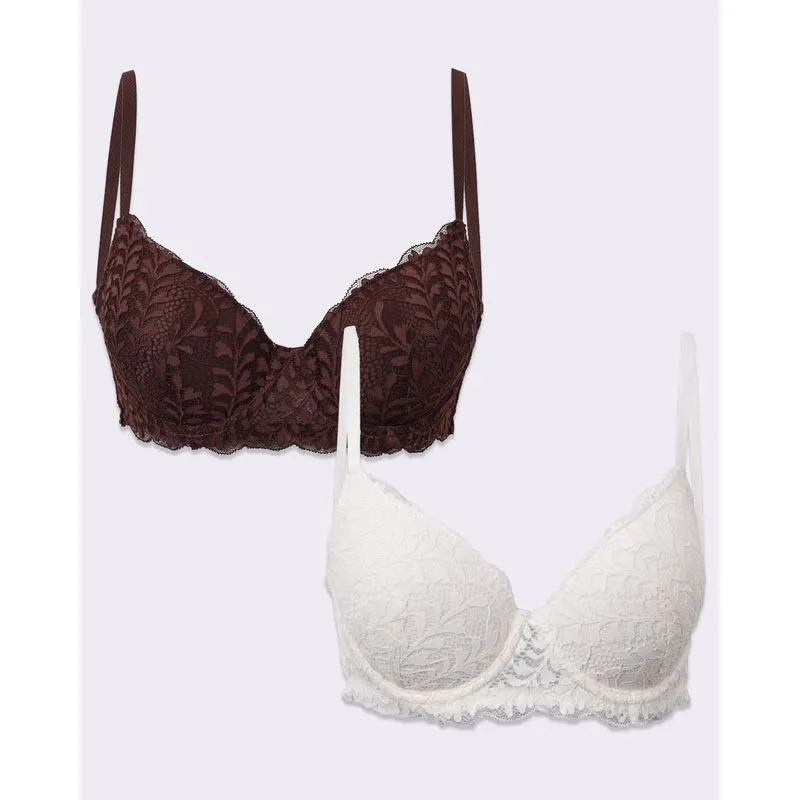 Kit 2 Sutiãs com Base e Bojo Rendado Marrom e Branco 34