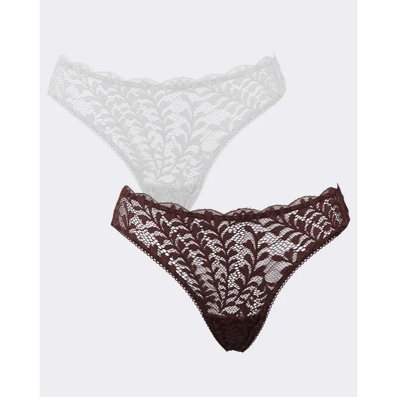 Kit 02 Calcinha Biquíni Rendada Branco e Marrom GG