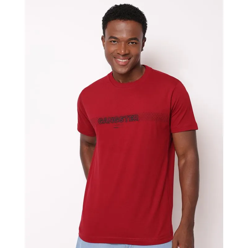 Camiseta Masculina Gangster Bordado Frontal Manga Curta Vinho G