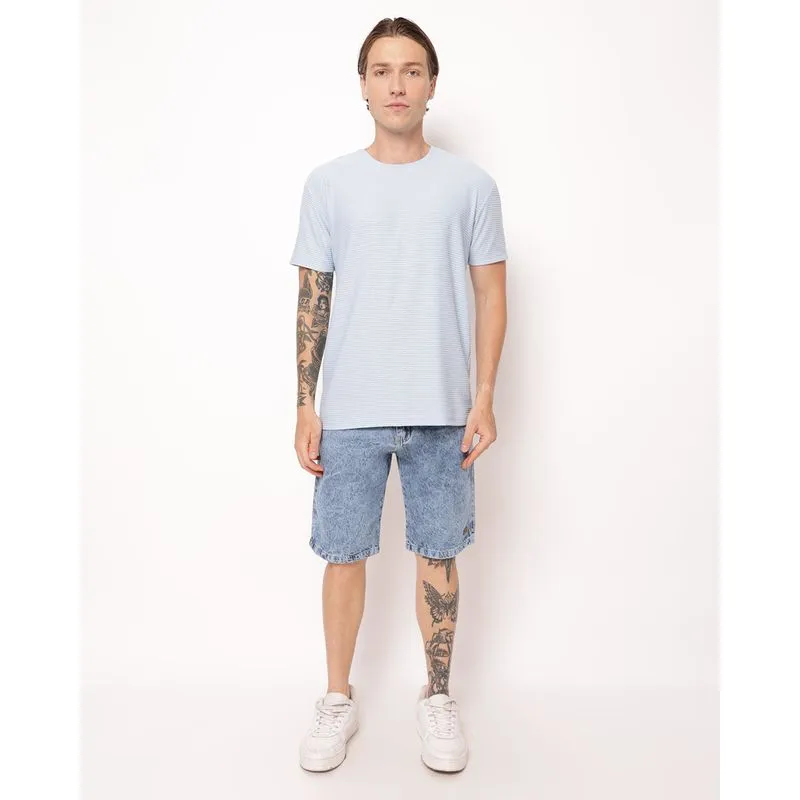 Bermuda Jeans Masculina Marmorizada com Bolsos Azul 44