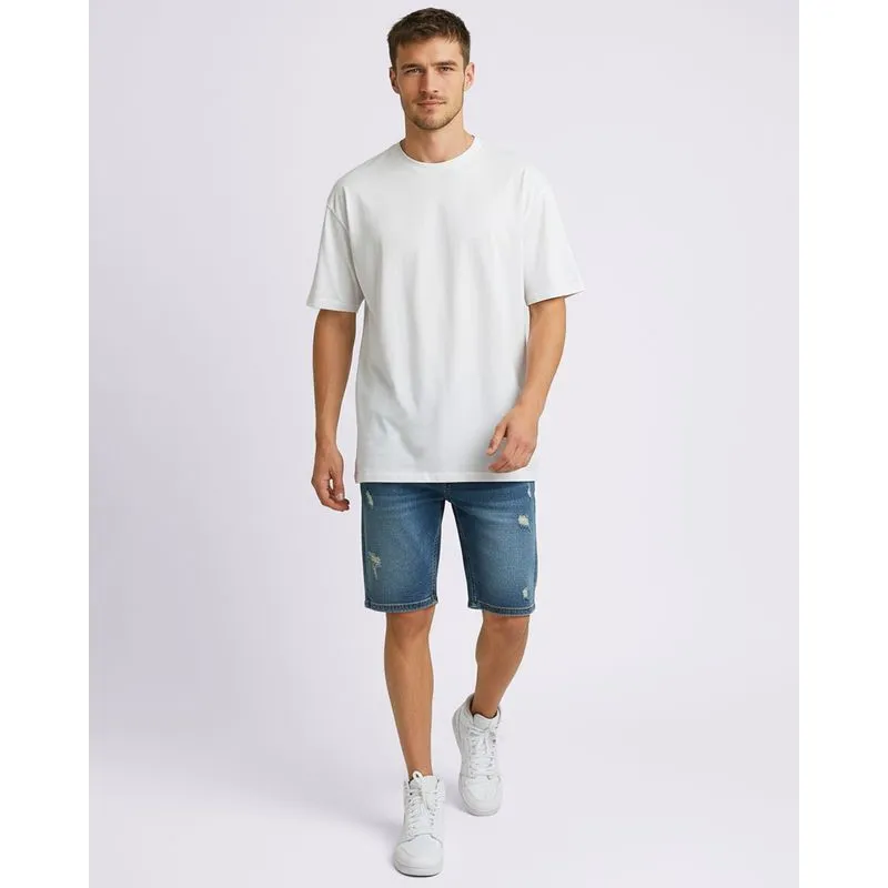 Bermuda Jeans Masculina Reta Marmorizada Destroyed Azul 46