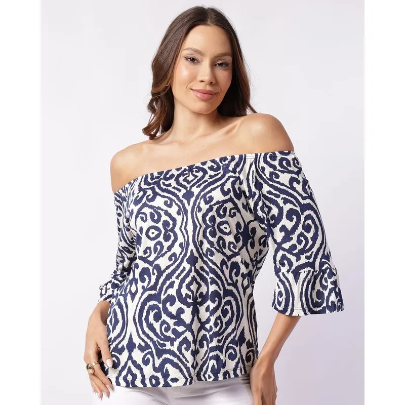 Blusa Feminina Manga 7/8 Ciganinha Viscose Estampada Marinho G