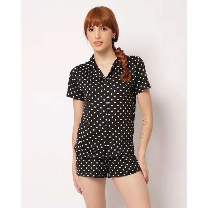 Pijama Feminino Curto Americano Estampado Poá Preto M