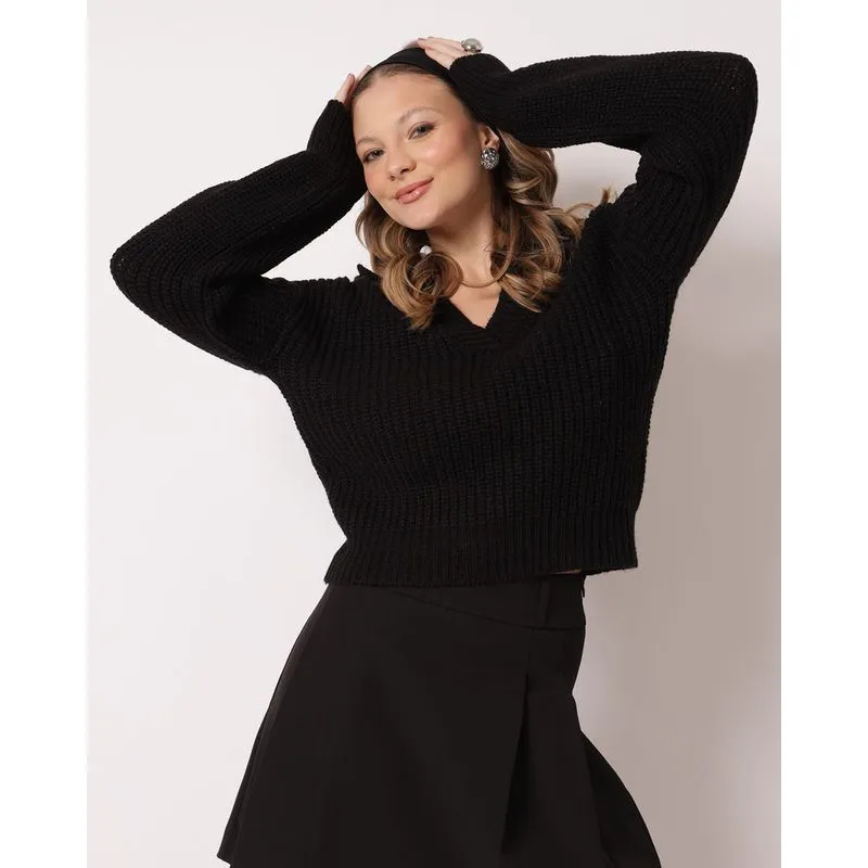 Suéter Feminino Tricô Gola Polo Preto M