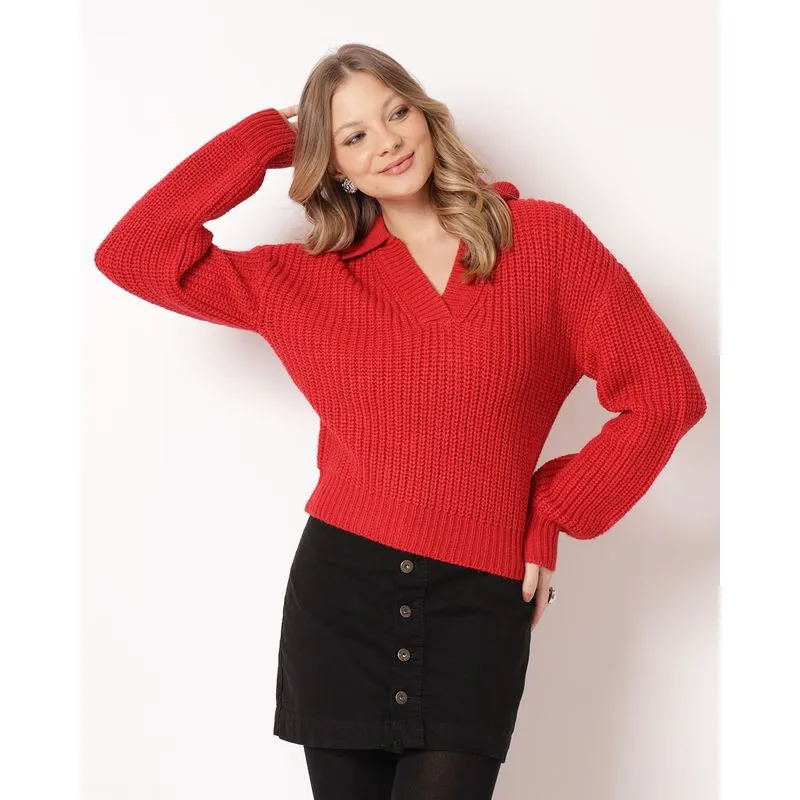 Suéter Feminino Tricô Gola Polo Vermelho GG