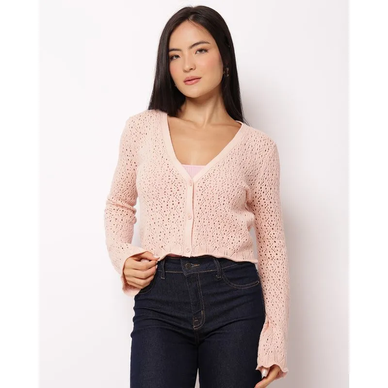 Cardigan Feminino Tricô com Botões Rosa GG