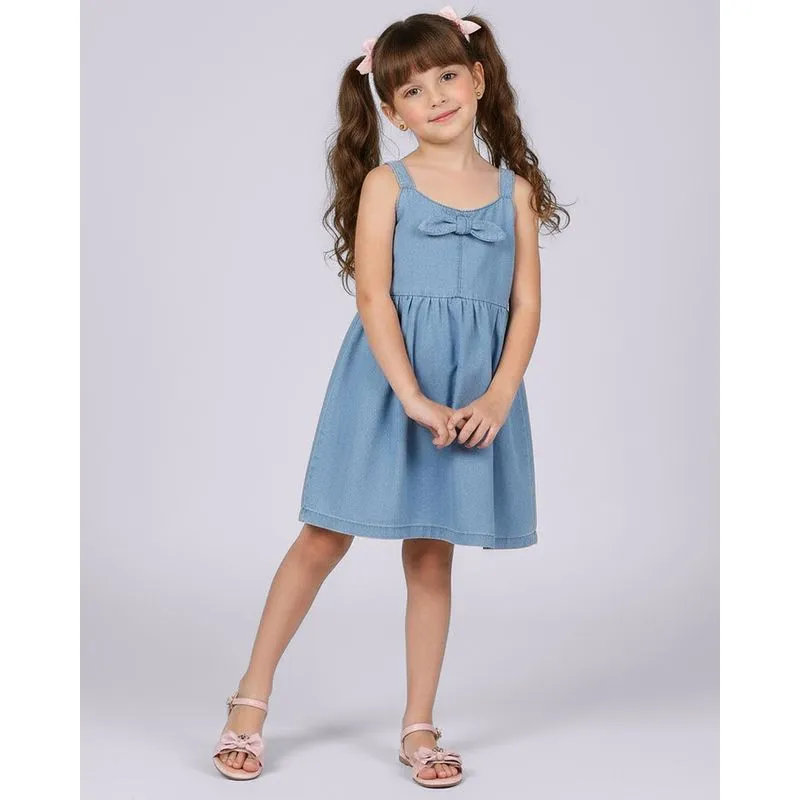 Vestido Infantil Jeans com Alças e Laço Frontal Azul 8