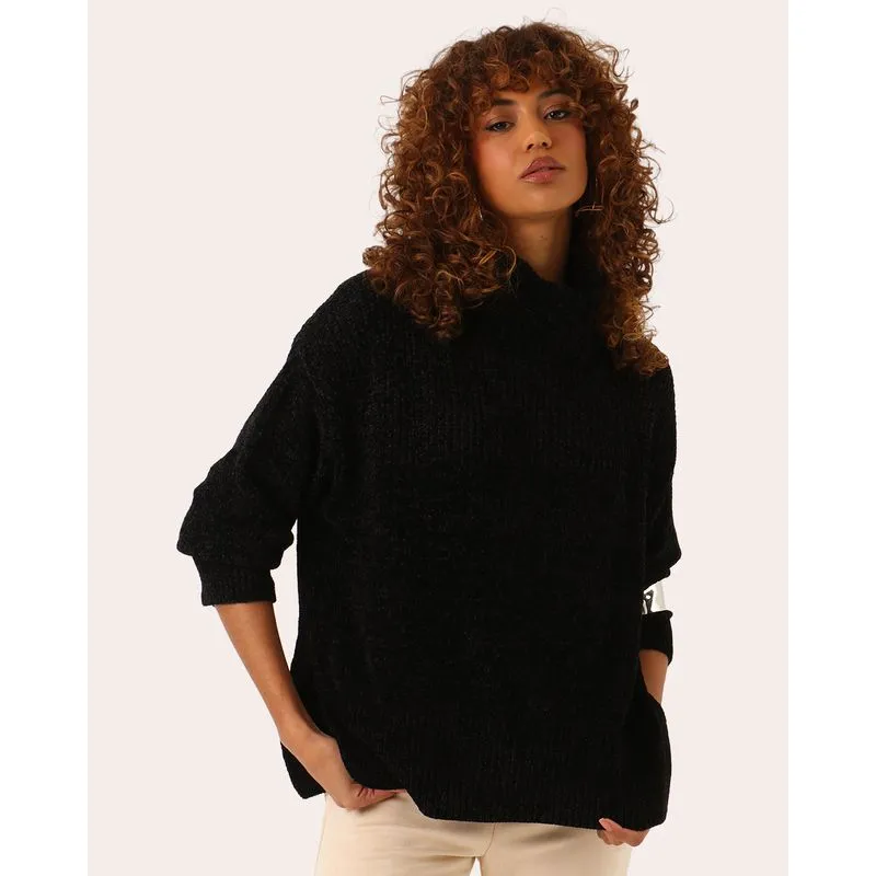 Suéter Feminino Tricô Manga Longa Gola Alta Preto P