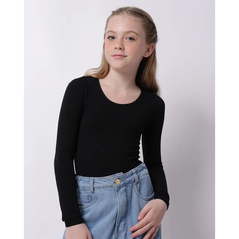 Blusa Juvenil Cropped Canelada Manga Longa Preta 14