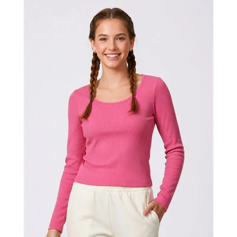 Blusa Juvenil Cropped Sem Costura Canelada Manga Longa Rosa 10