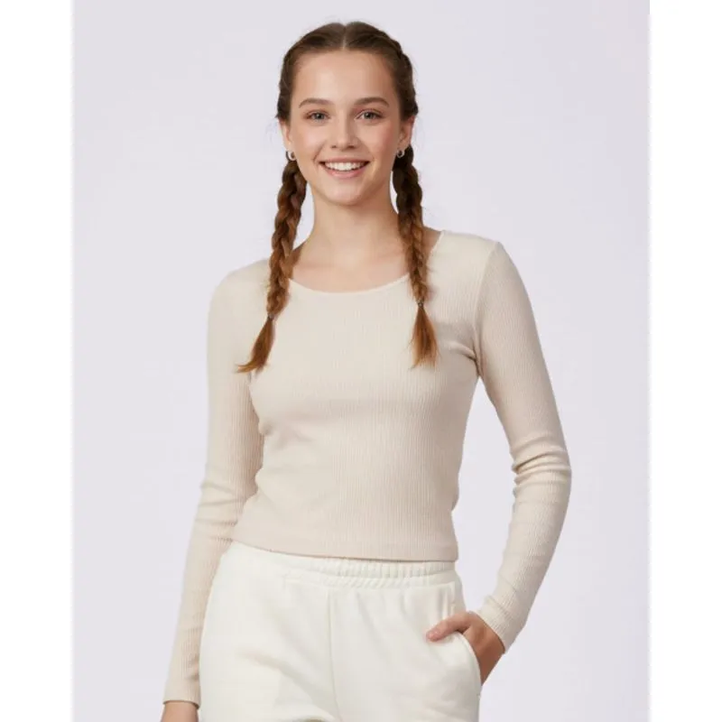 Blusa Juvenil Cropped Sem Costura Canelada Manga Longa Bege 10
