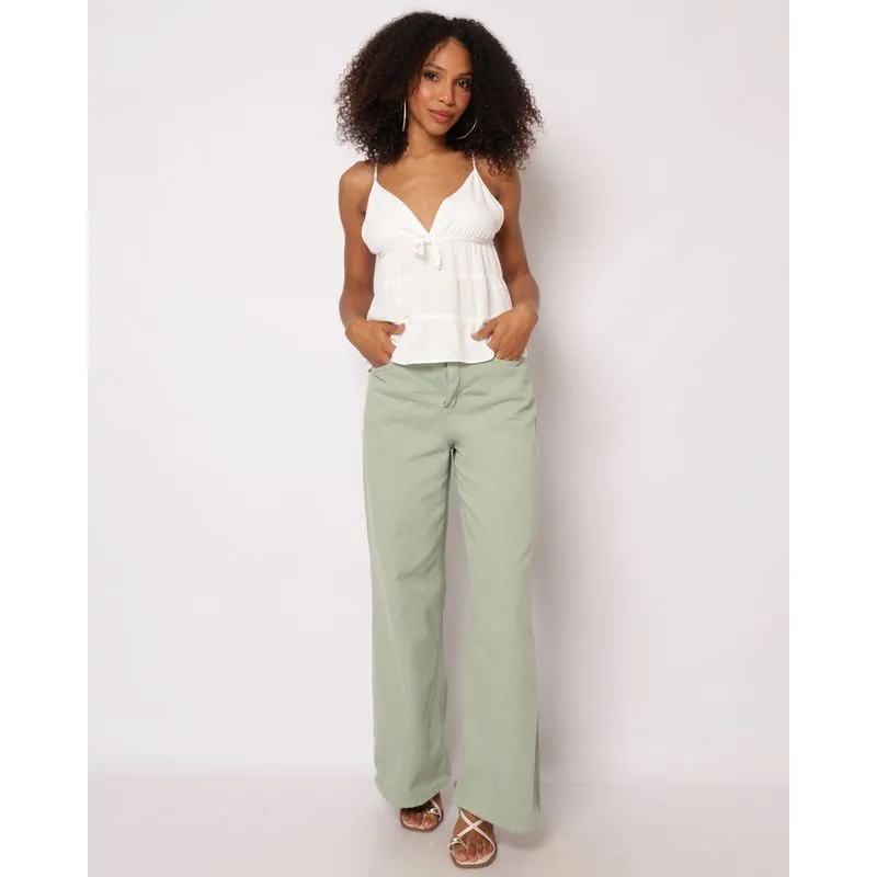 Calça Sarja Feminina Wide Leg com Bolsos Verde 40