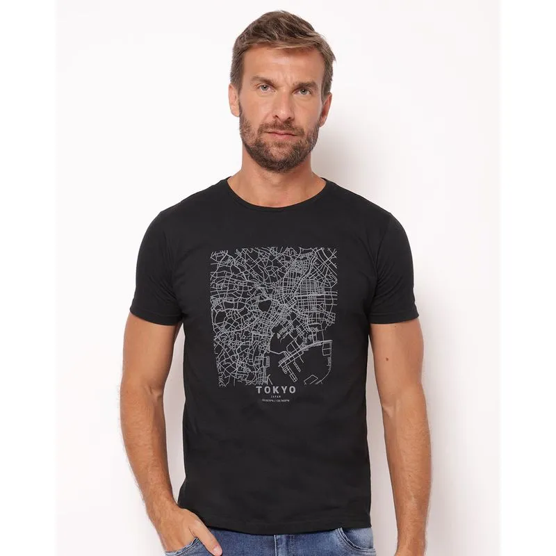 Camiseta Masculina Algodão Estampa Tokio Preta P