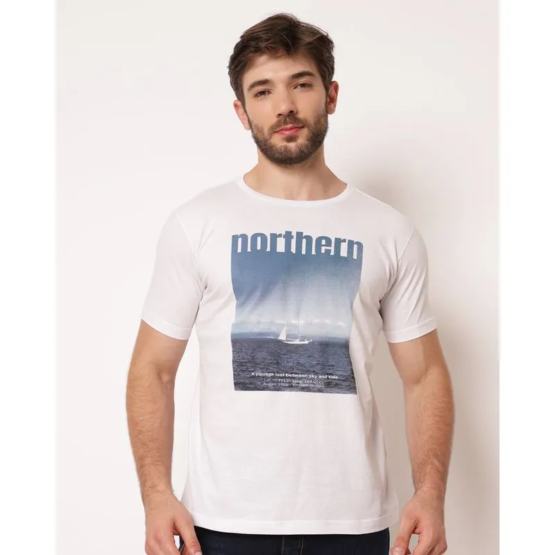 Camiseta Masculina Algodão com Estampa Veleiro Manga Curta Branca P