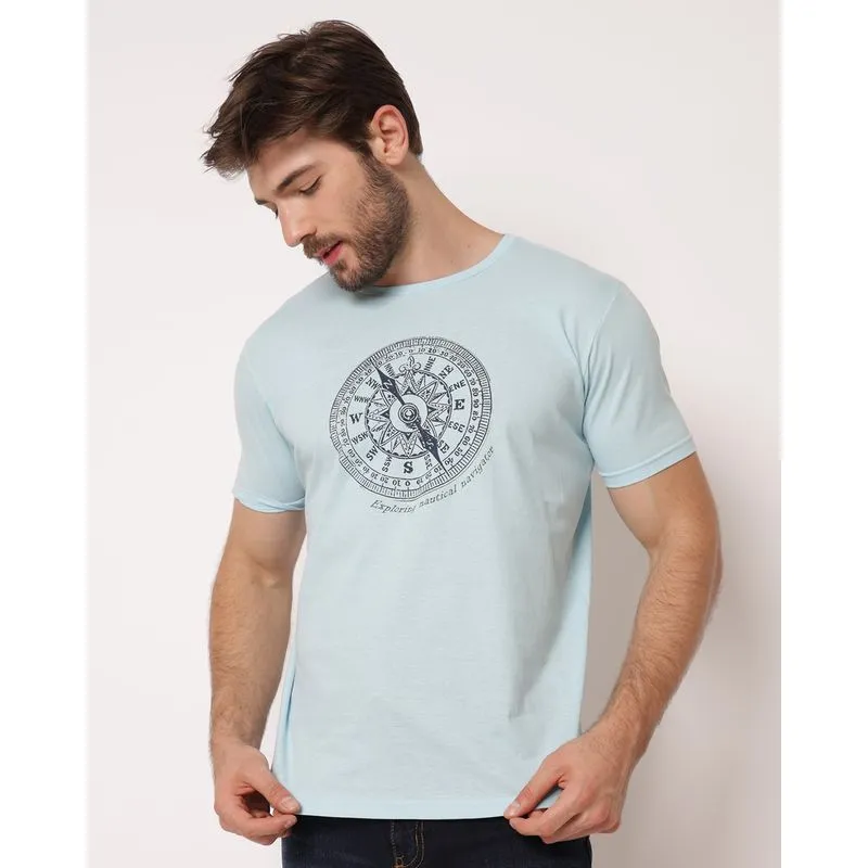 Camiseta Masculina Algodão com Estampa Bússola Manga Curta Azul G