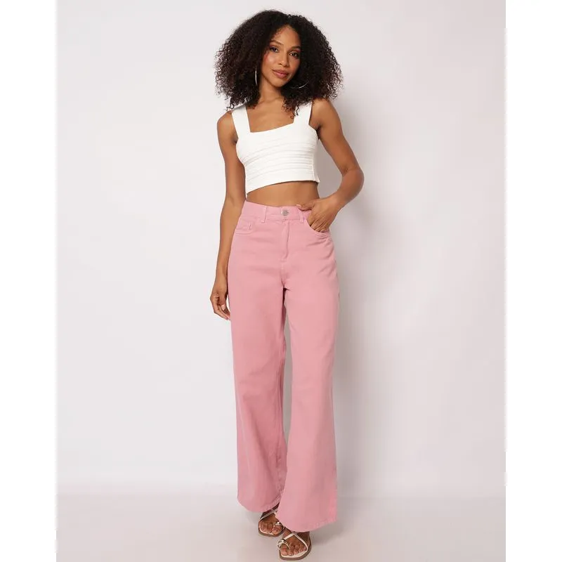 Calça Sarja Feminina Wide Leg com Bolsos Rosa 46