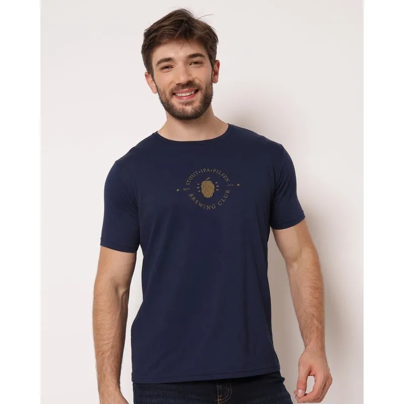 Camiseta Masculina Algodão com Estampa Brewing Club Manga Curta Marinho P