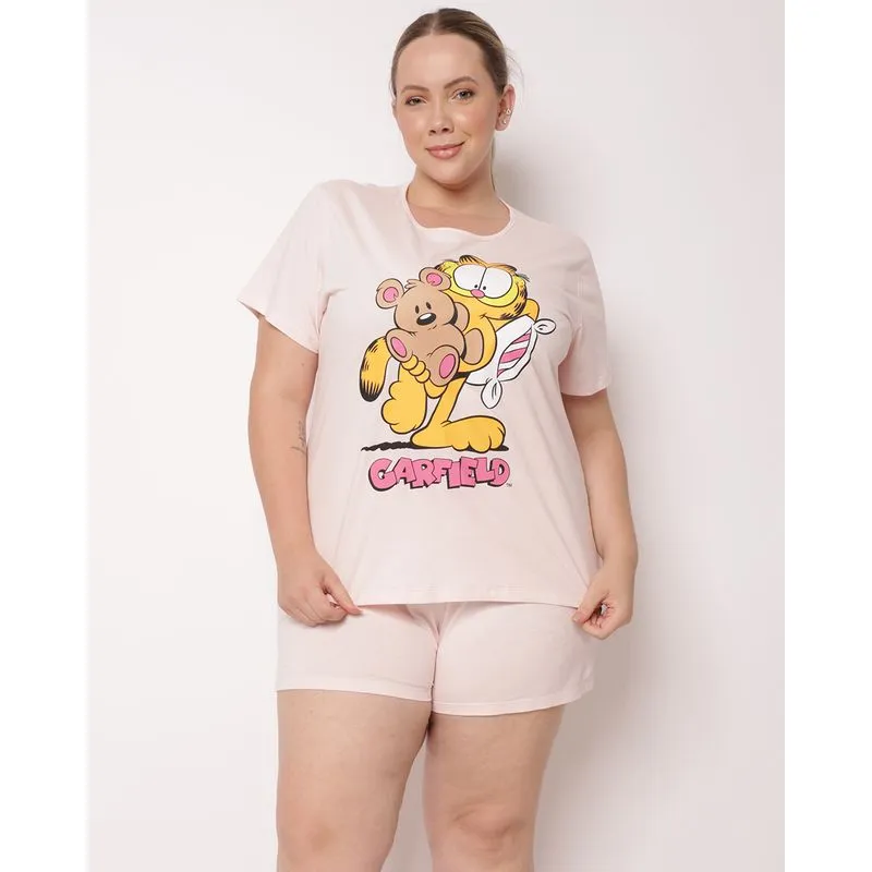 Pijama Plus Size Feminino Curto Algodão Garfield Rosa 52