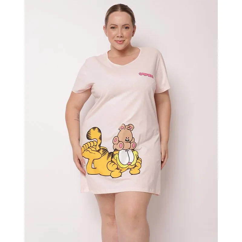 Camisola Plus Size Feminina Algodão Curta Garfield Rosa 52