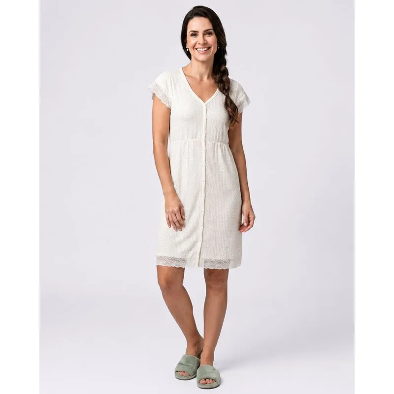 Camisola Feminina Curto Estampada Poá Renda Off White G
