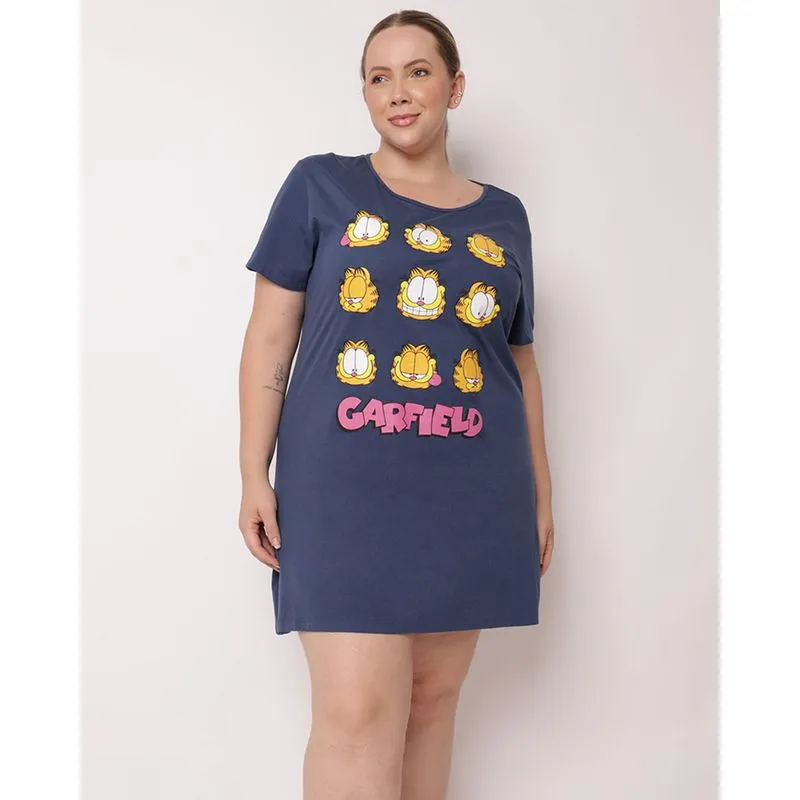 Camisola Plus Size Feminina Algodão Curta Garfield Marinho 50