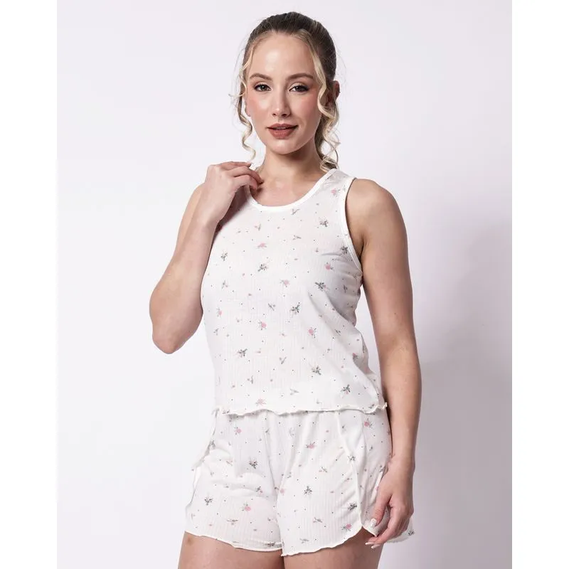 Pijama Feminino Curto Texturizado Estampado Floral Off White M