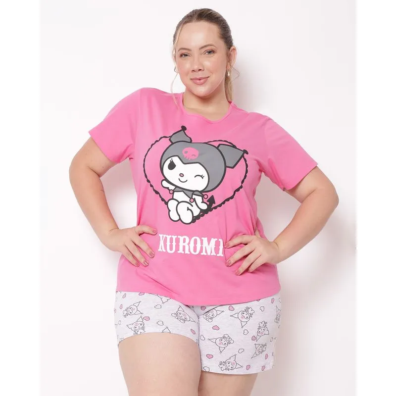 Pijama Plus Size Feminino Curto Algodão Sanrio Kuromi Rosa 48