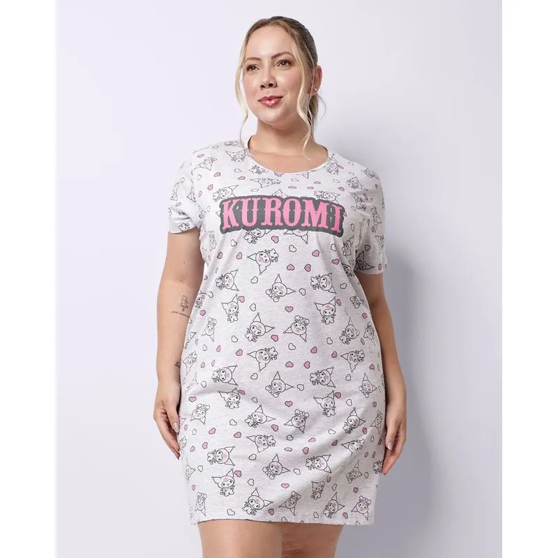 Camisola Plus Size Feminina Curta Algodão Kuromi Cinza 50