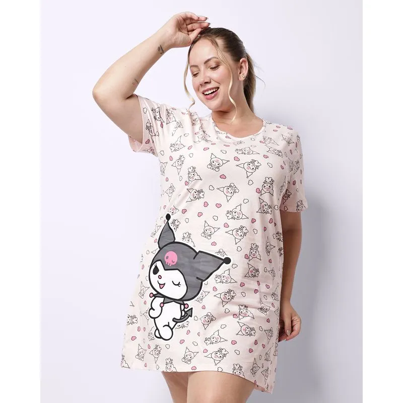 Camisola Plus Size Feminina Curta Algodão Kuromi Rosa 48