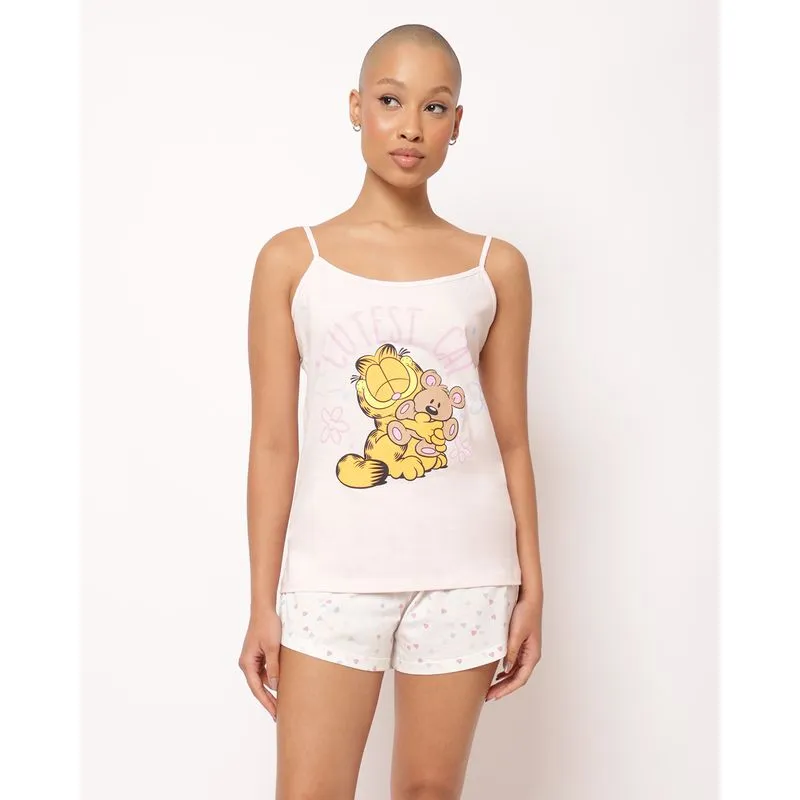 Pijama Curto Feminino Algodão Alças Finas Estampa Garfield Rosa GG