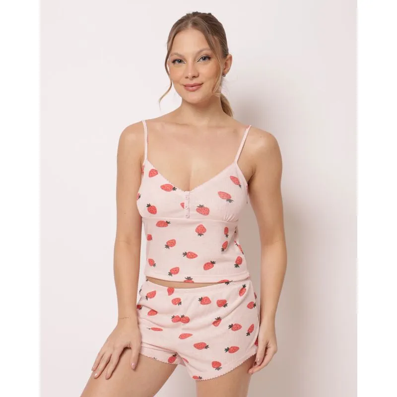 Pijama Canelado Cropped Feminino Estampado Morango Rosa P