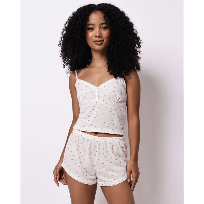 Pijama Feminino Ribana Canelado Corações Off White XG