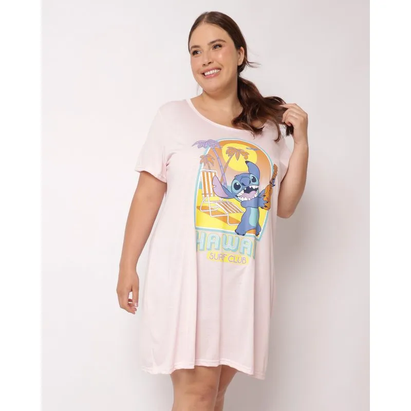 Camisola Plus Size Feminina Curta Disney Stitch Rosa 48