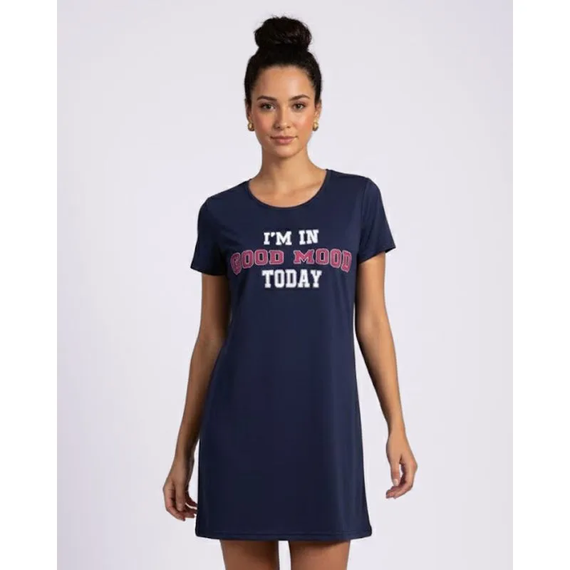 Camisola Feminina Curta com Estampa Escrita Manga Curta Marinho G