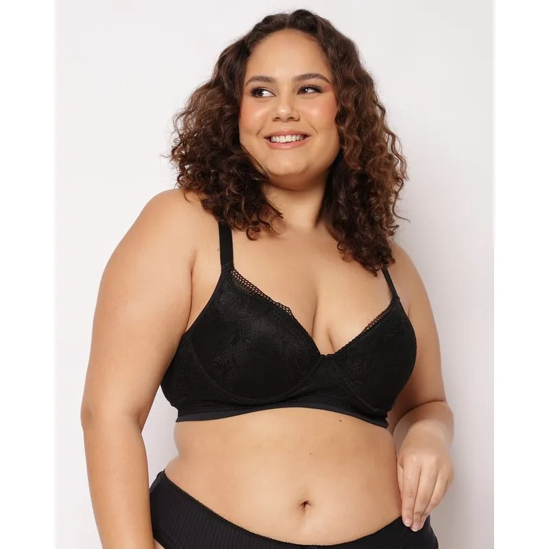 Sutiã Plus Size Feminino Poliamida com Base e Bojo Renda Preto 50
