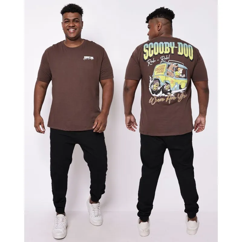 Camiseta Masculina Plus Size Estampa Frente Costas Scooby-Doo Marrom G1