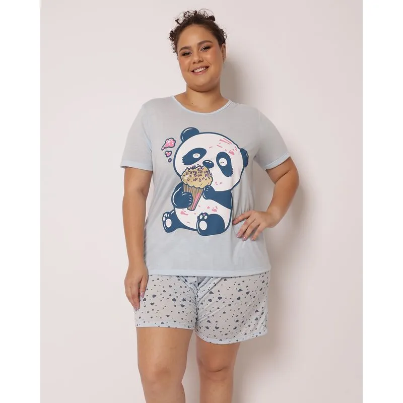 Pijama Plus Size Feminino Estampa Panda Azul 52